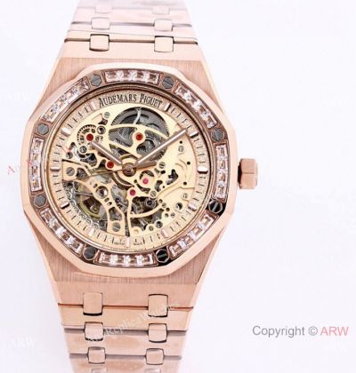 Royal Oak Audemars Piguet Skeleton Rose Gold Watch Baguette Diamond bezel